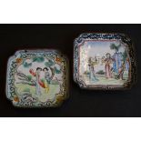 Pair of Chinese Square Enamel on Copper Pin Trays decorated with figures, 10cm wide