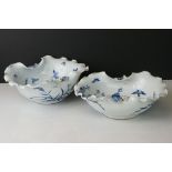 Pair of Japanese Hirado Bowls with moulded lotus leaf bodies and decorated in blue and white with