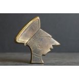 WW1 style brass vesta case in the form of a soldier, bearing inscription