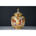 Late 20th century Royal Worcester lidded gilt vase fruit decorated panels signed Frank Roberts, 12cm