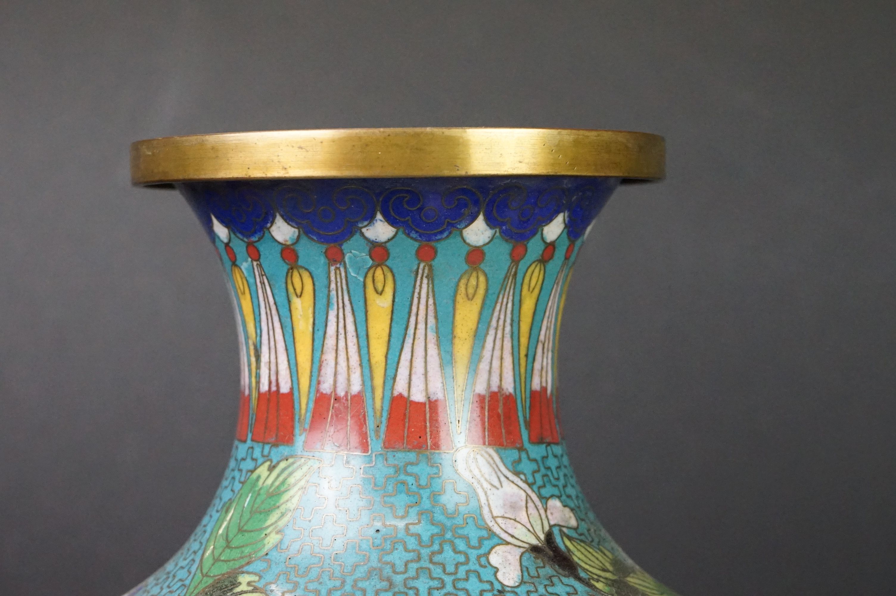 Pair of Chinese Cloisonne Vases decorated with flowers on a turquoise ground, 32cm high - Image 10 of 13