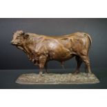 A large spelter ornamental figure of a bull. Mene to plinth
