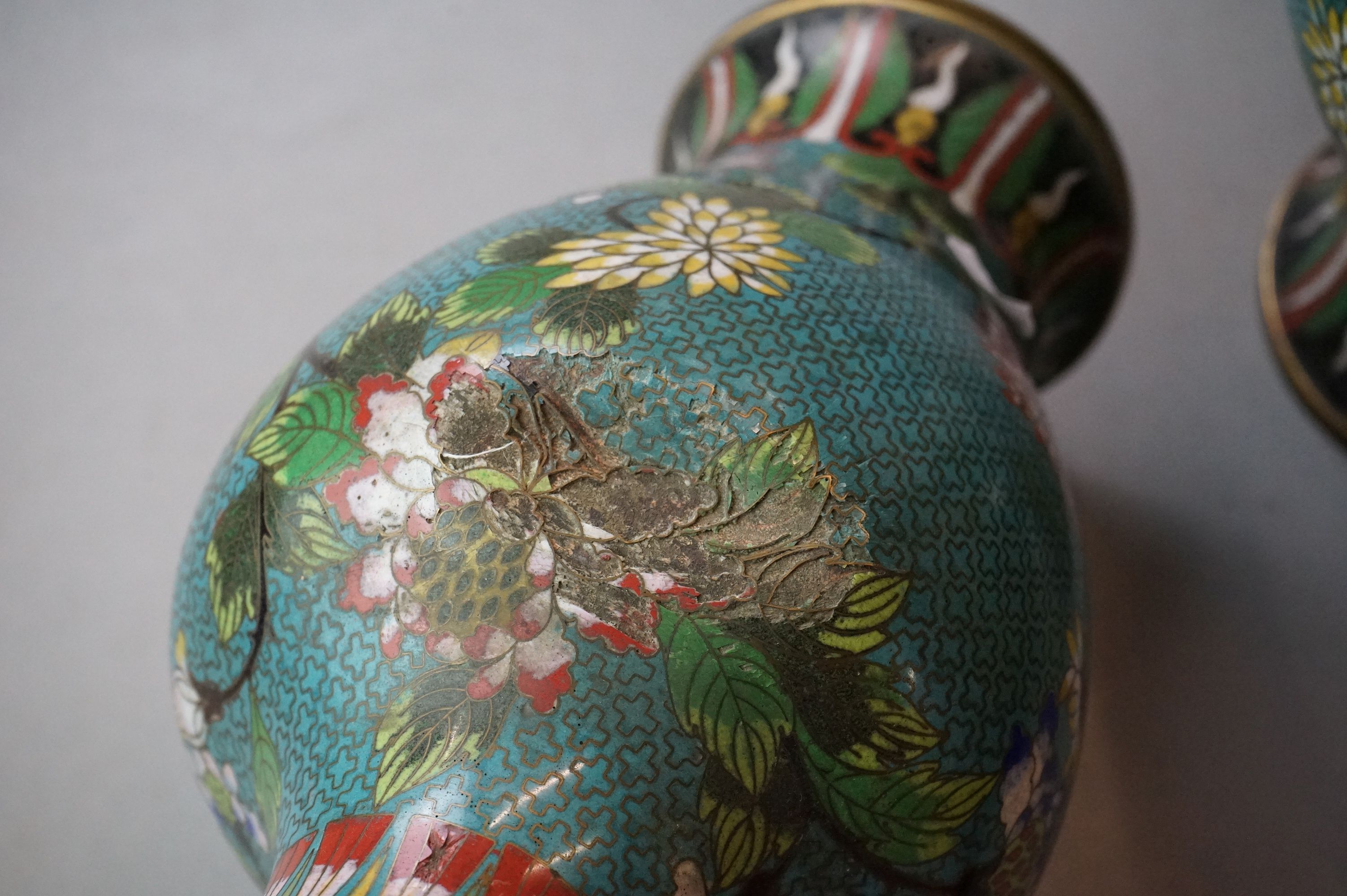 Pair of Chinese Cloisonne Vases decorated with flowers on a turquoise ground, 32cm high - Image 13 of 13