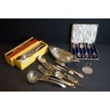 A collection of silver plated cutlery together with a cased set of six sterling silver teaspoons.