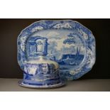 Spode Italian pattern blue and white meat platter (impressed Spode mark), 51cm long, together with a
