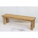 Modern Pine Slatted Top Bench raised on substantial square legs, 149cm long x 34cm deep x 45cm high