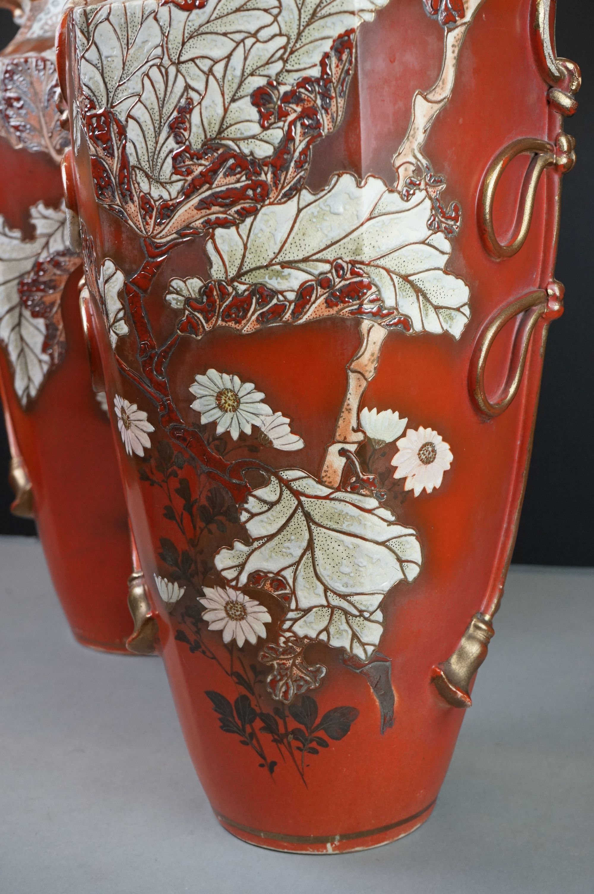 Pair of ceramic Japanese twin-handled vases with prunus decoration, signed to base - Image 5 of 7