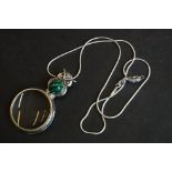 Silver magnifying glass owl shaped pendant necklace with malachite panel