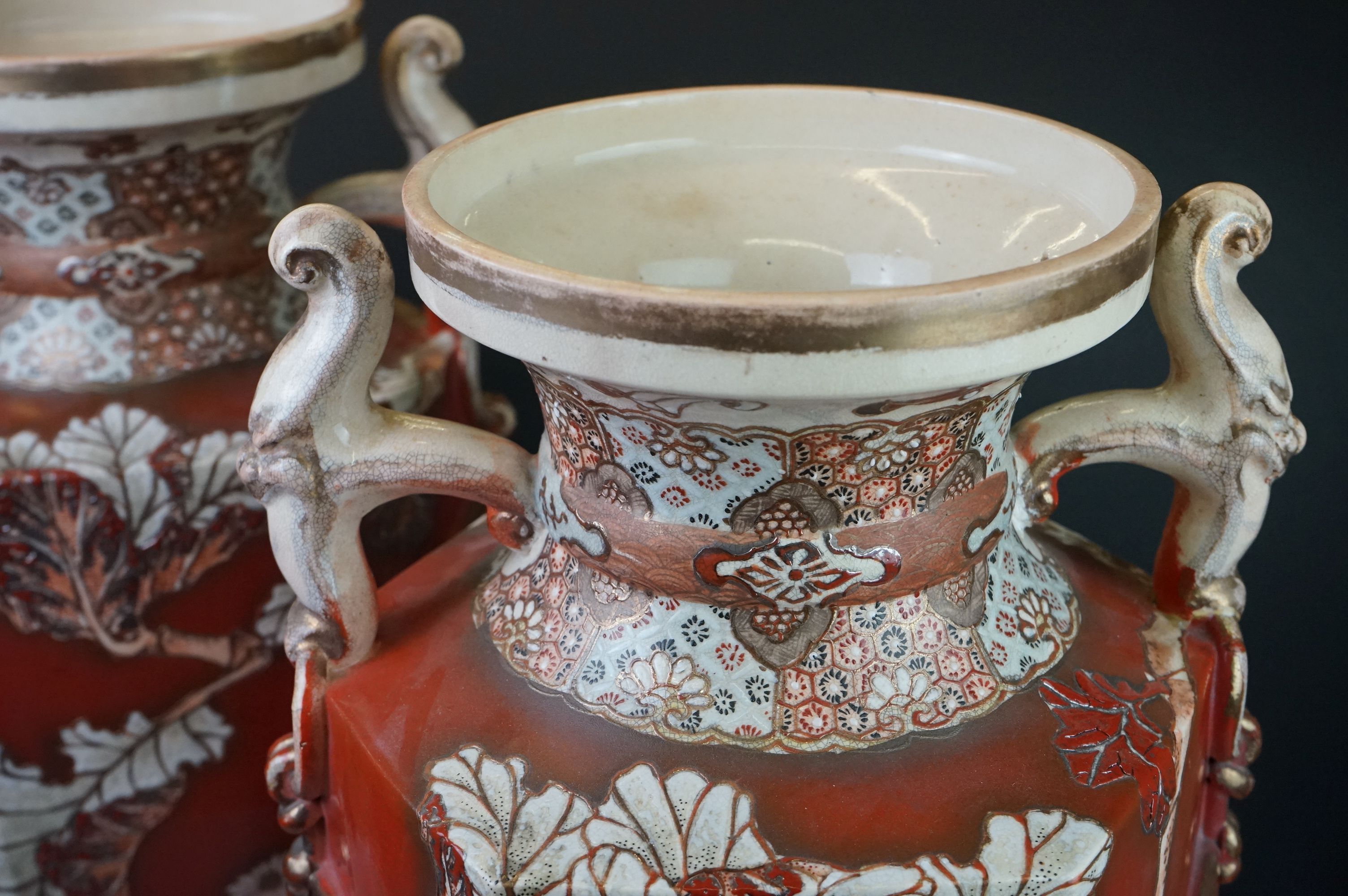 Pair of ceramic Japanese twin-handled vases with prunus decoration, signed to base - Image 3 of 7