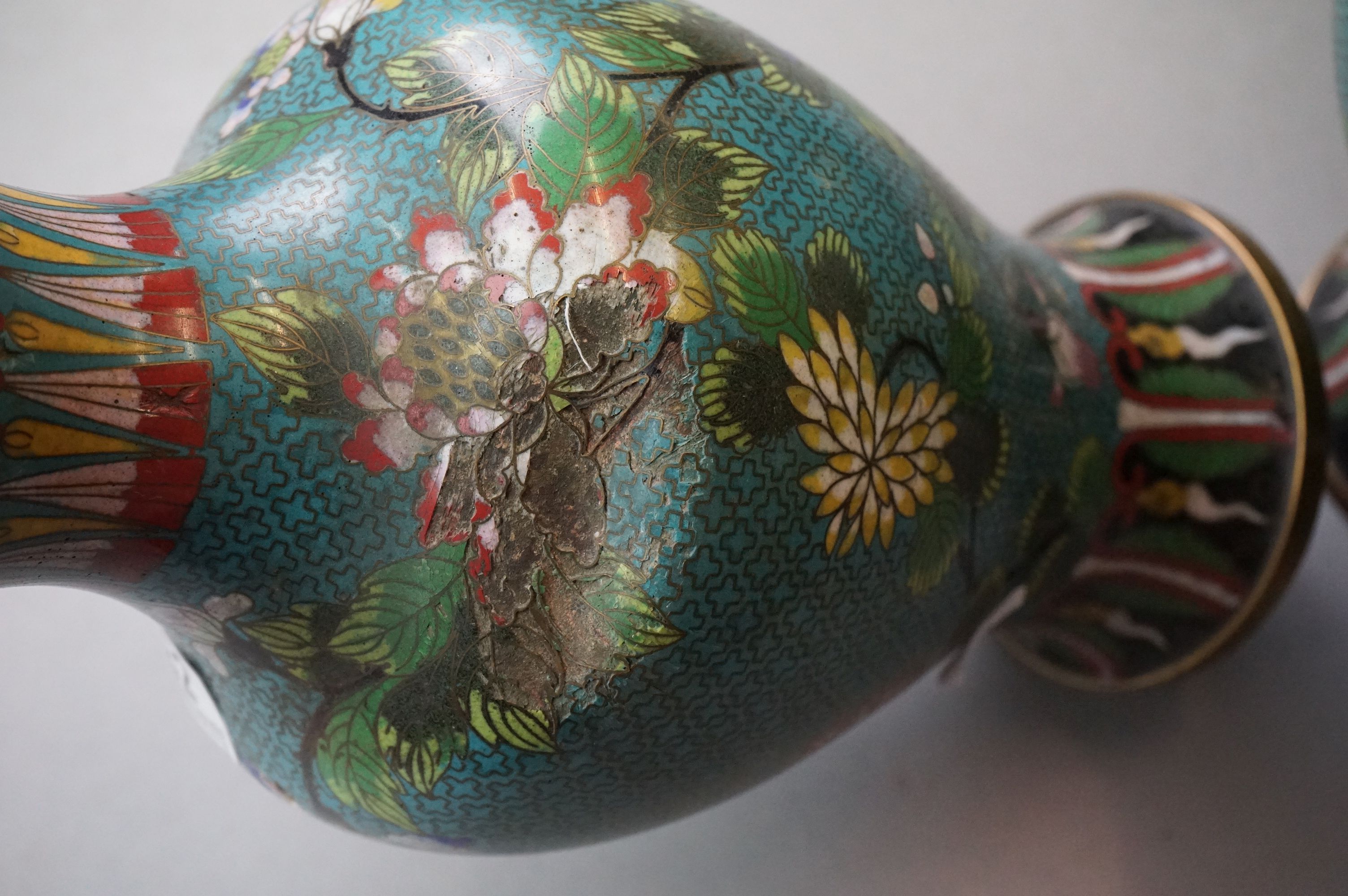 Pair of Chinese Cloisonne Vases decorated with flowers on a turquoise ground, 32cm high - Image 12 of 13