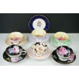 Six Paragon teacups and saucers to include 5 with floral decoration (2x pink cabbage rose on