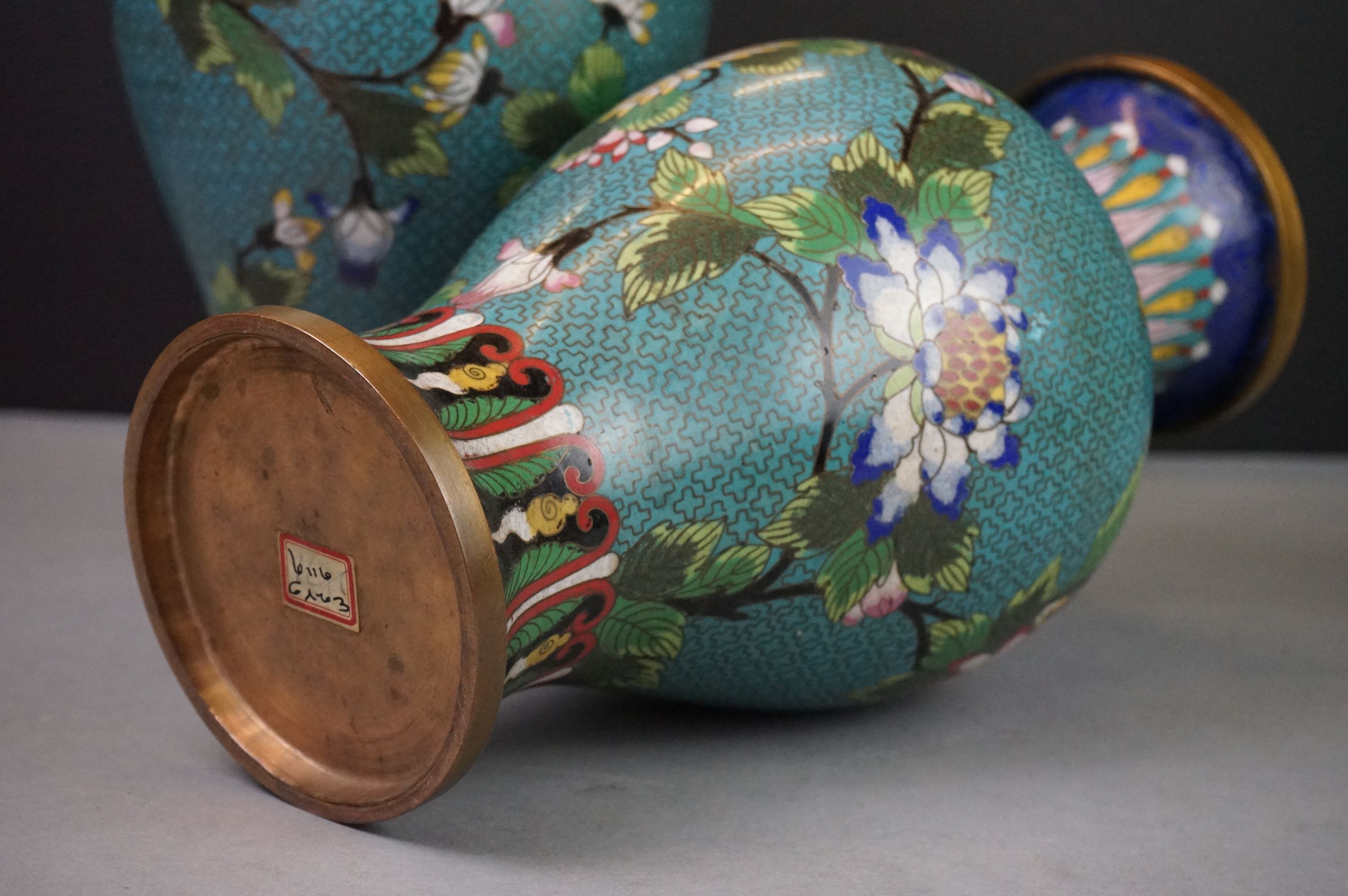 Pair of Chinese Cloisonne Vases decorated with flowers on a turquoise ground, 32cm high - Image 7 of 13