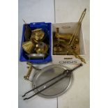 Collection of brassware to include a pair of barley twist candlesticks, fire tongs, trench art style