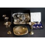 A small collection of silver plate to include cutlery, bud vases and pin dishes.