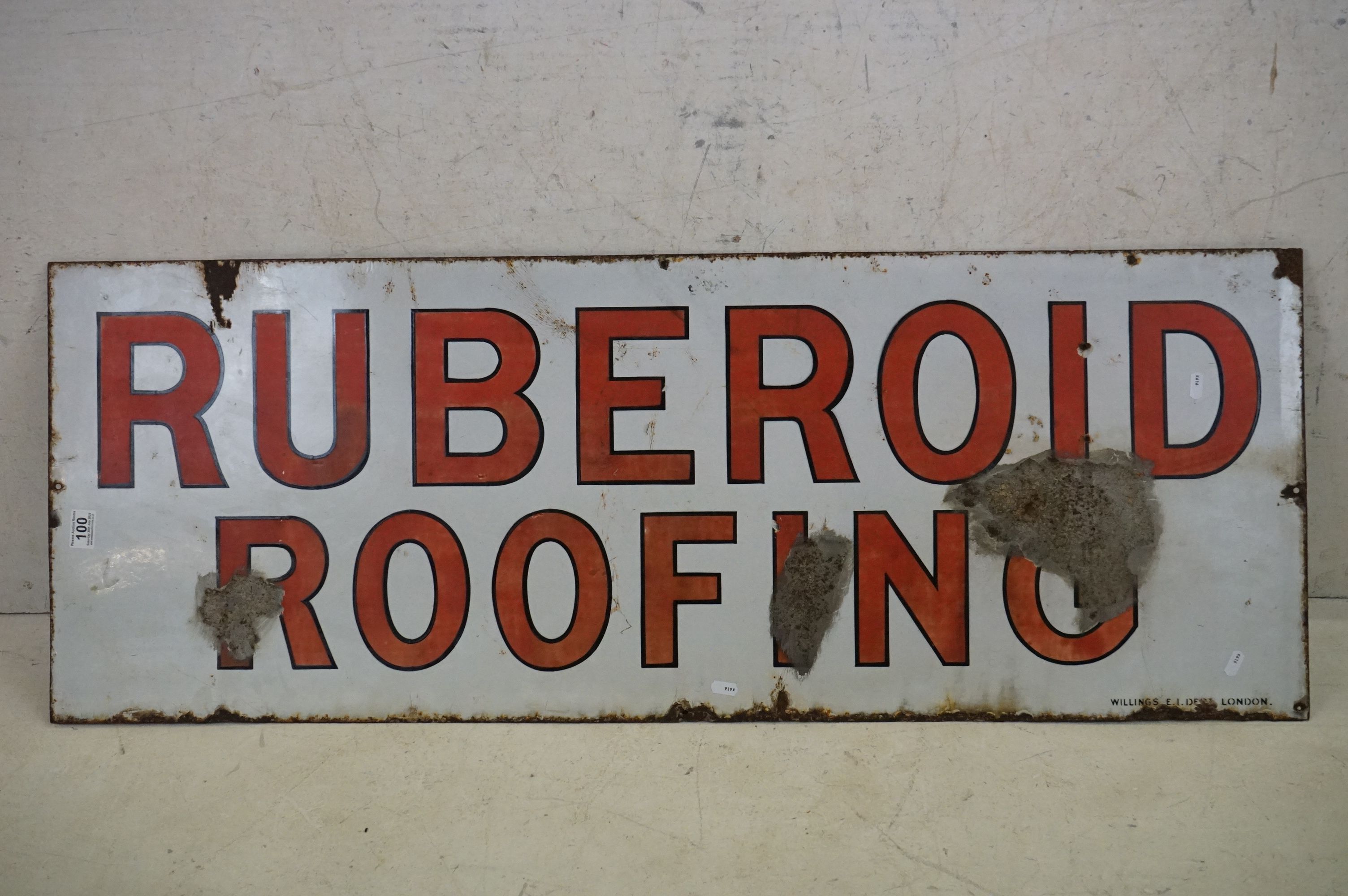 A vintage enamel "Ruberoid Roofing", measures approx 102cm x 45cm.