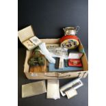 A box of mixed collectables to include cigarette cases, silver plated cutlery, advertising tins,