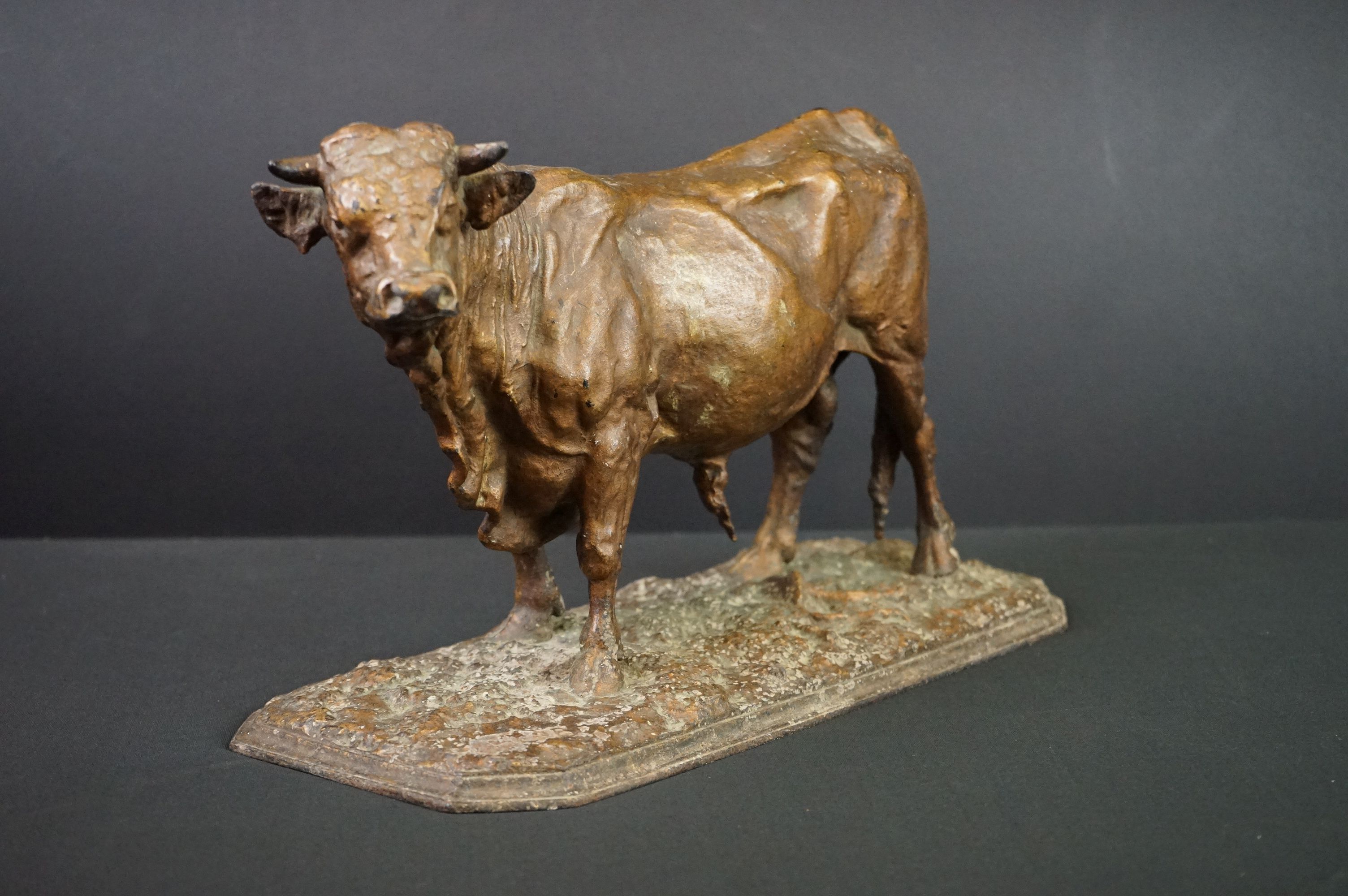 A large spelter ornamental figure of a bull. Mene to plinth - Image 2 of 5