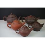 Five Chinese Red Clay Yixing Teapots, four with character marks to base, largest 13cm high