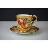 Royal Worcester contemporary cup and saucer with fruit decoration signed F Roberts.