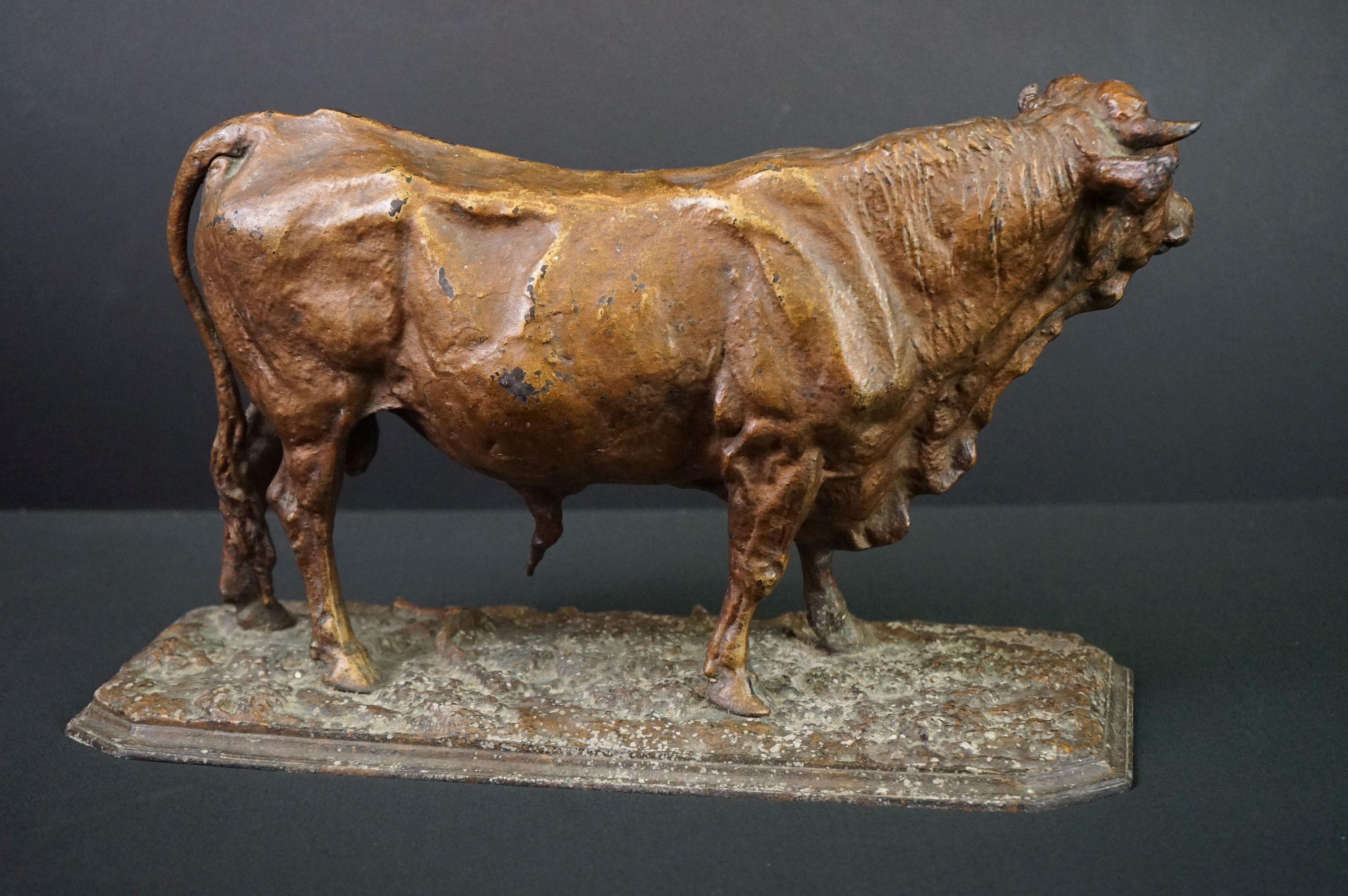 A large spelter ornamental figure of a bull. Mene to plinth - Image 4 of 5