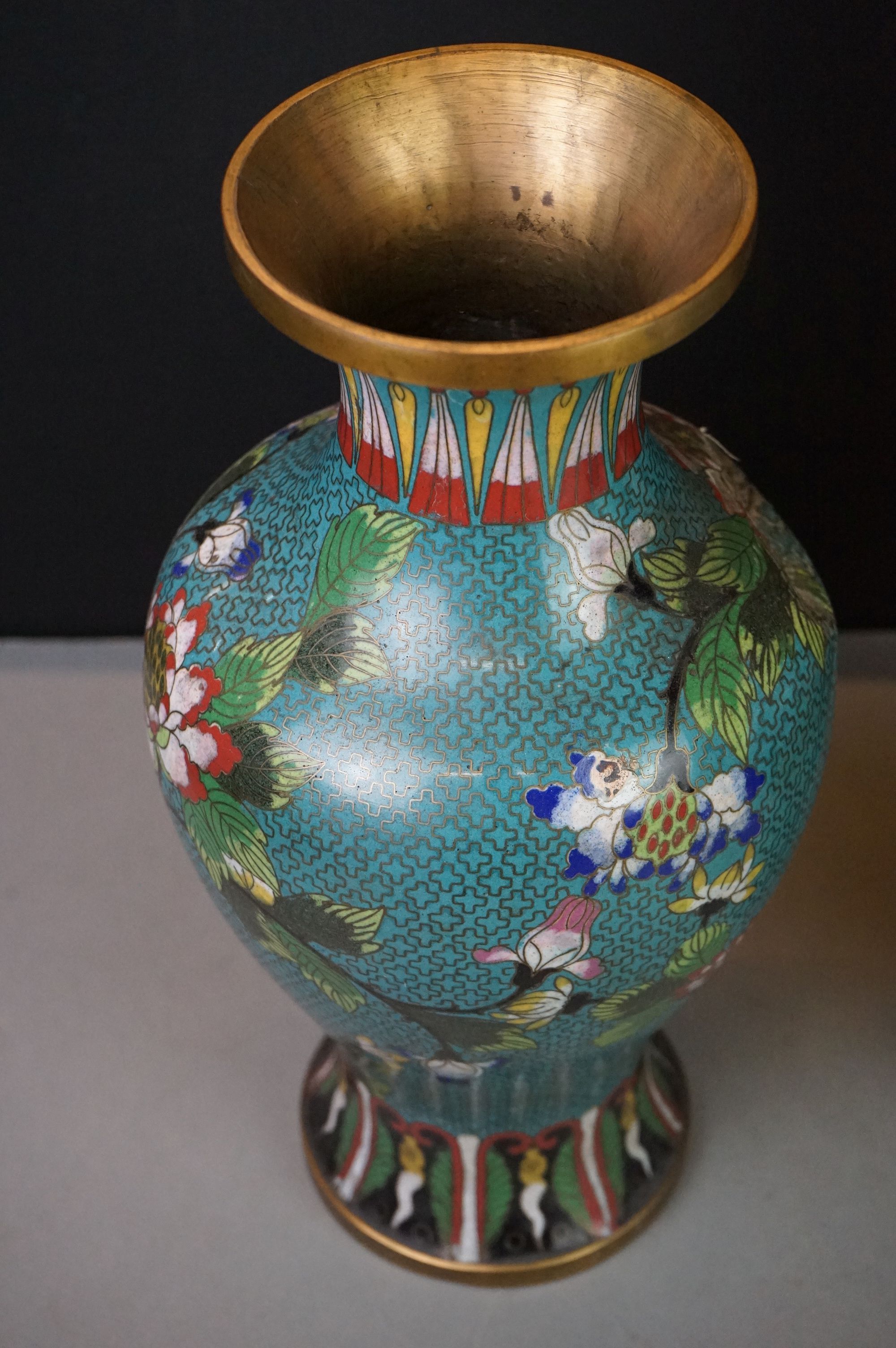 Pair of Chinese Cloisonne Vases decorated with flowers on a turquoise ground, 32cm high - Image 3 of 13