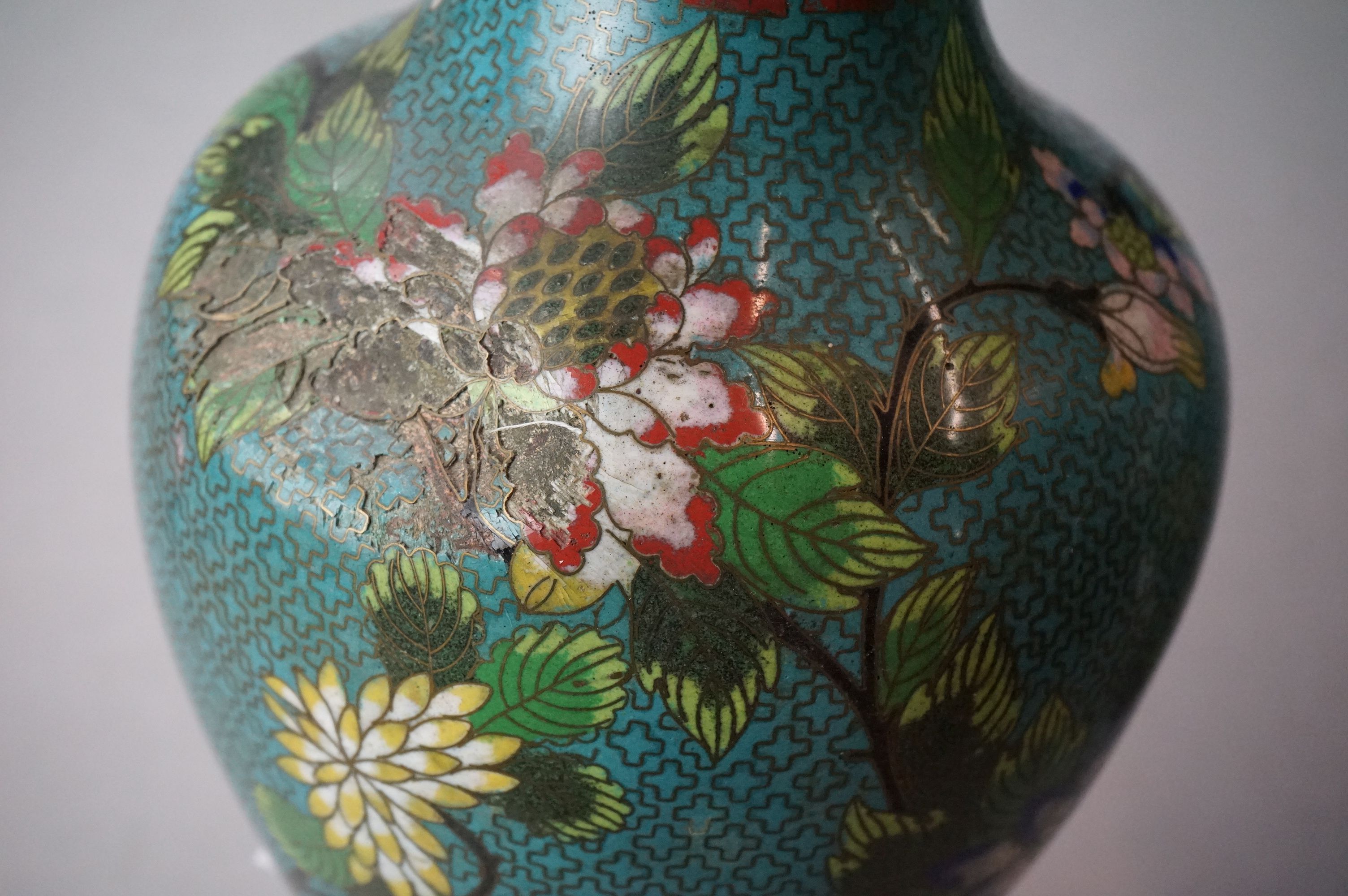 Pair of Chinese Cloisonne Vases decorated with flowers on a turquoise ground, 32cm high - Image 11 of 13