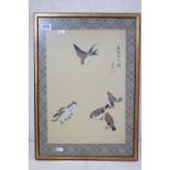 Chinese Watercolour on Fabric of Birds with calligraphy and red seal mark, 40cm x 28cm, framed and