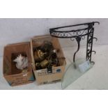 A group of mixed collectables to include Brassware, sea shells and a wrought iron coat hanger.