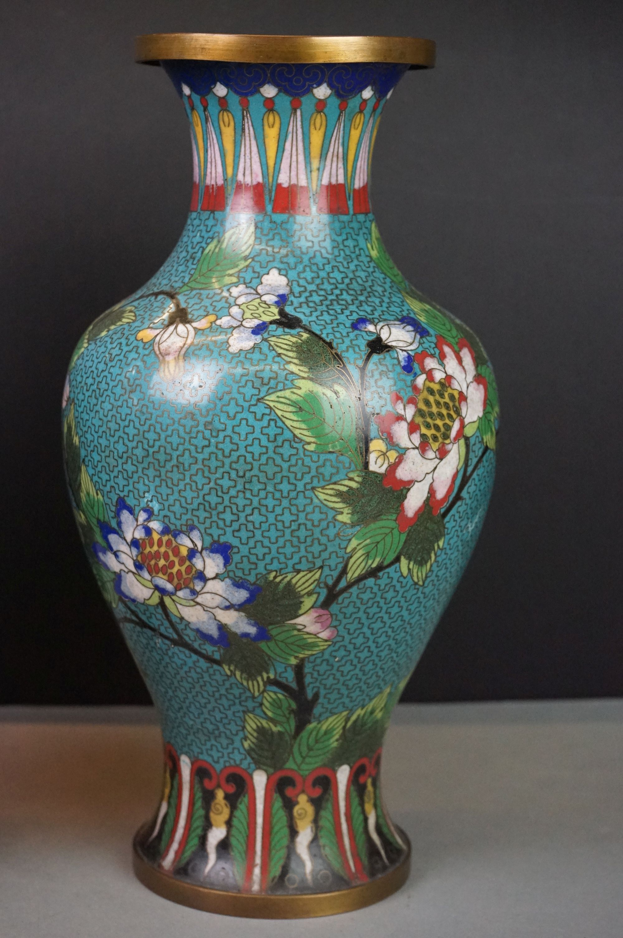 Pair of Chinese Cloisonne Vases decorated with flowers on a turquoise ground, 32cm high - Image 5 of 13