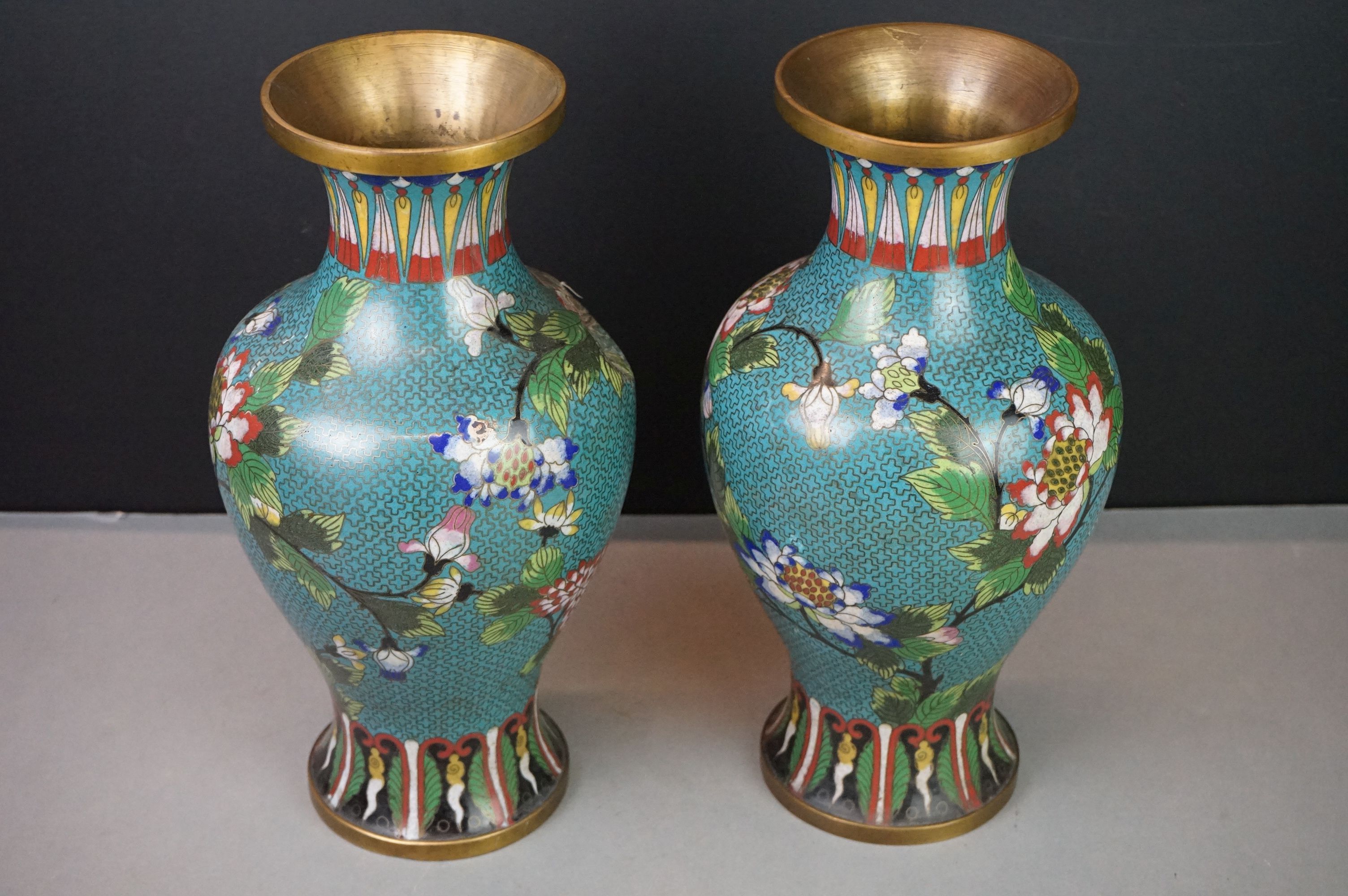 Pair of Chinese Cloisonne Vases decorated with flowers on a turquoise ground, 32cm high - Image 2 of 13