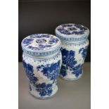Pair of Chinese Ceramic Blue and White Garden Seats decorated with vines and grapes, 42cm high