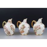 Three Royal Worcester Blush Ivory Flat Sided Jugs decorated with flowers, pattern no. 1094, each