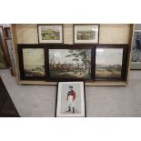 Three French Coloured Prints of 19th century Hunting Engravings together with a Vanity Fair ' a