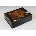 Victorian Black Lacquered Playing Card Box, the hinged lid with chinoiserie style decoration of four