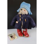 Original Gabrielle Designs Paddington Bear in red Dunlop boots, blue coat and light blue hat, with