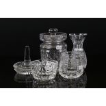 Five Waterford Crystal cut glass items, to include lidded preserve pot, ring holder dish, bud vase