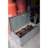 Early to Mid century Metal Tool Chest containing a quantity of old tools mostly Wooden Planes plus