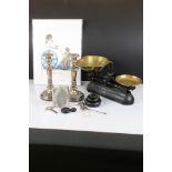 A box of mixed collectables to include kitchen scales, hip flask, candlesticks and a mounted print.
