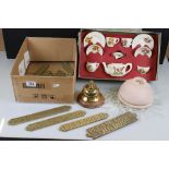 A box of mixed collectables to include brass door signs, lamp shade, desk bell and dolls ceramic tea