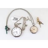 Two fully hallmarked sterling silver pocket watches together with silver Albert chains.