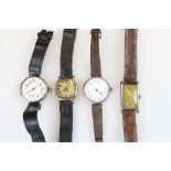 Four military watches to include silver trench watches, WW2 Hamilton etc