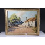 Mid century Oil Painting on Board, Continental Scene of a Woman feeding Chickens outside a cottage ,