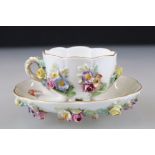 Meissen Porcelain Cabinet Cup and Saucer, floral encrusted and painted with flowers, blue cross