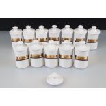 Set of Twelve Ceramic Spice Jars and Lids in the form of Apothecary Jars including Cinnamon, Mixed