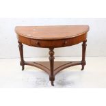 Victorian Mahogany Demi-lune Side Table with single drawer, raised on turned fluted supports