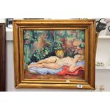 Oil Painting on Canvas of a reclining nude woman in a garden, signed Benoit 1930, 46cm x 37cm,