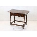 Early 18th century Elm, Oak and Walnut cross banded Side Table with single drawer, shaped apron