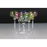 Set of Six Val St Lambert Cut Glass Hock Glasses, with harlequin coloured glass bowls raised on