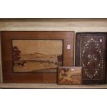 Parquetry Inlaid Wooden Panel depicting a Fox Hunting Scene, 70cm x 52cm together with Italian