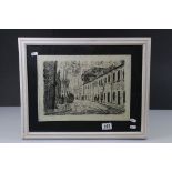20th century Black and White Etching of a Continental City Street Scene, partial label to verso '